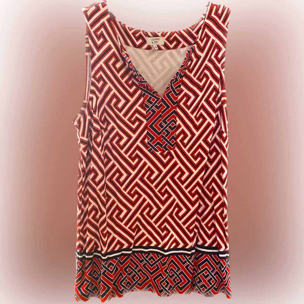 Crown & Ivy sleeveless top - red, white, and blue geometric pattern - size: M